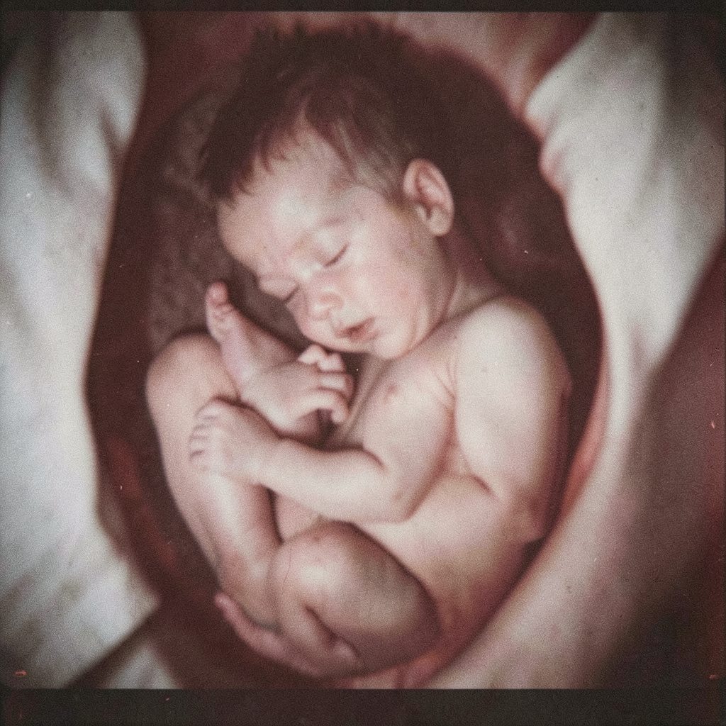 Soft-focus analog film photograph of a gentle pregnancy-themed still life with warm neutral tones and visible grain.